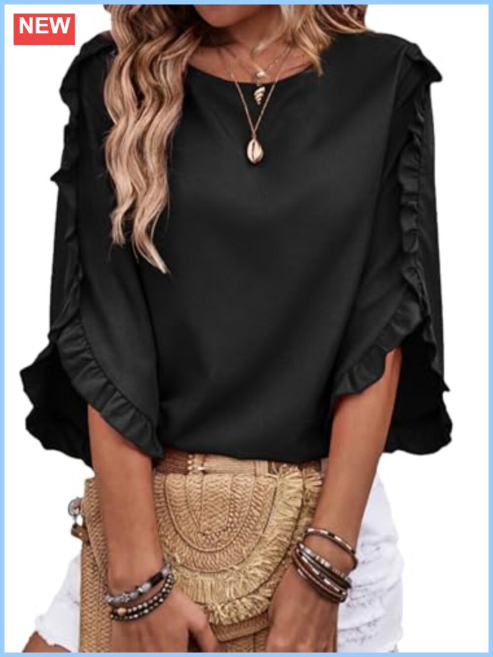 Womens 3/4 Sleeve Ruffle Blouse Dressy Casual Work Top